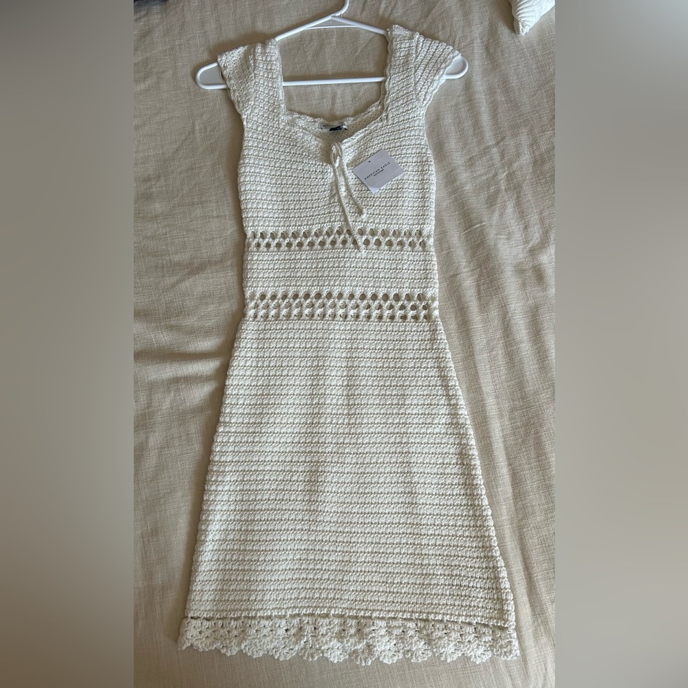 American Eagle Ruched Crochet Sweater Mini Dress